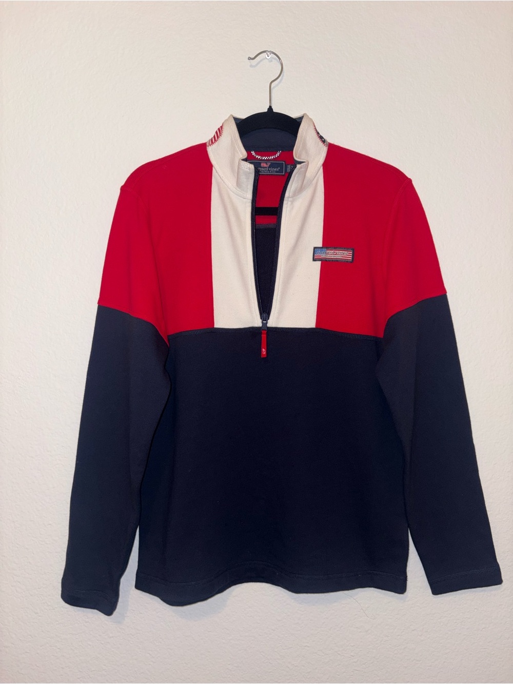 Vineyard Vines Shep Shirt features a patriotic half zip BIG KID SIZE